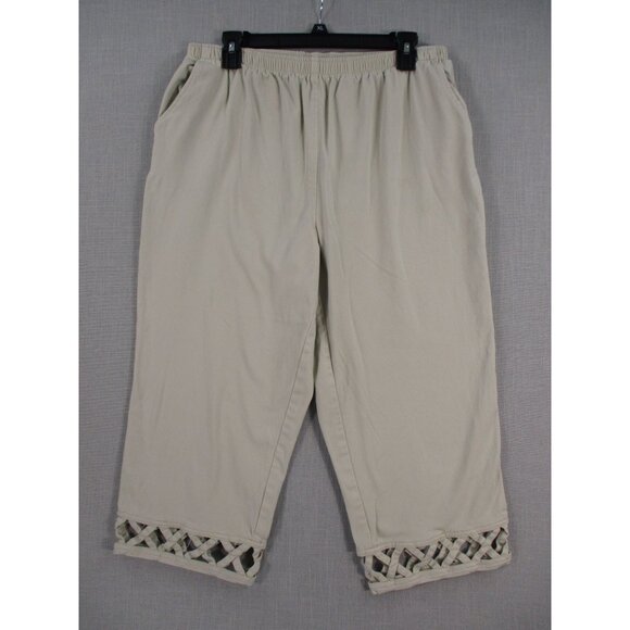 Denim & Co. Womens Capri Pants With Lattice Hem 1X Beige Cotton - Picture 1 of 11